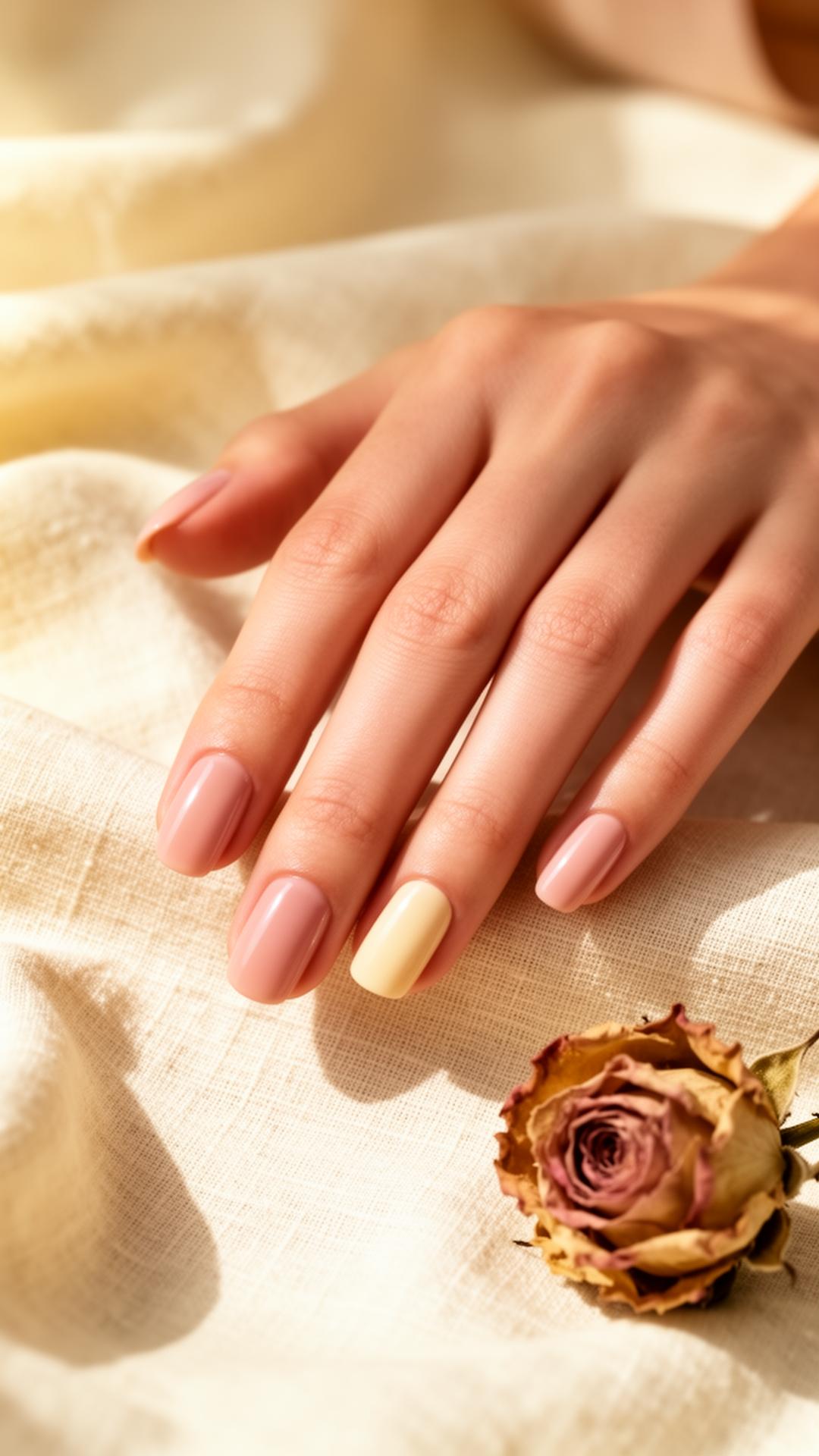 Soft, clean nude-pink manicure resting on cream linen