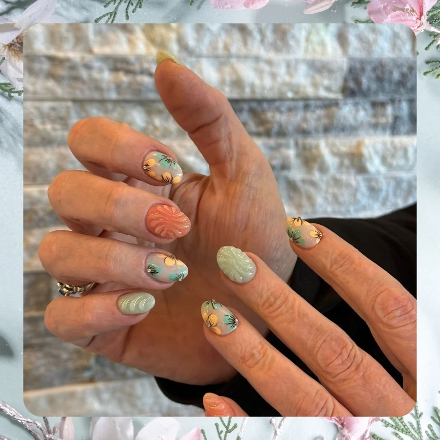 Close-up of delicate minimal nail art