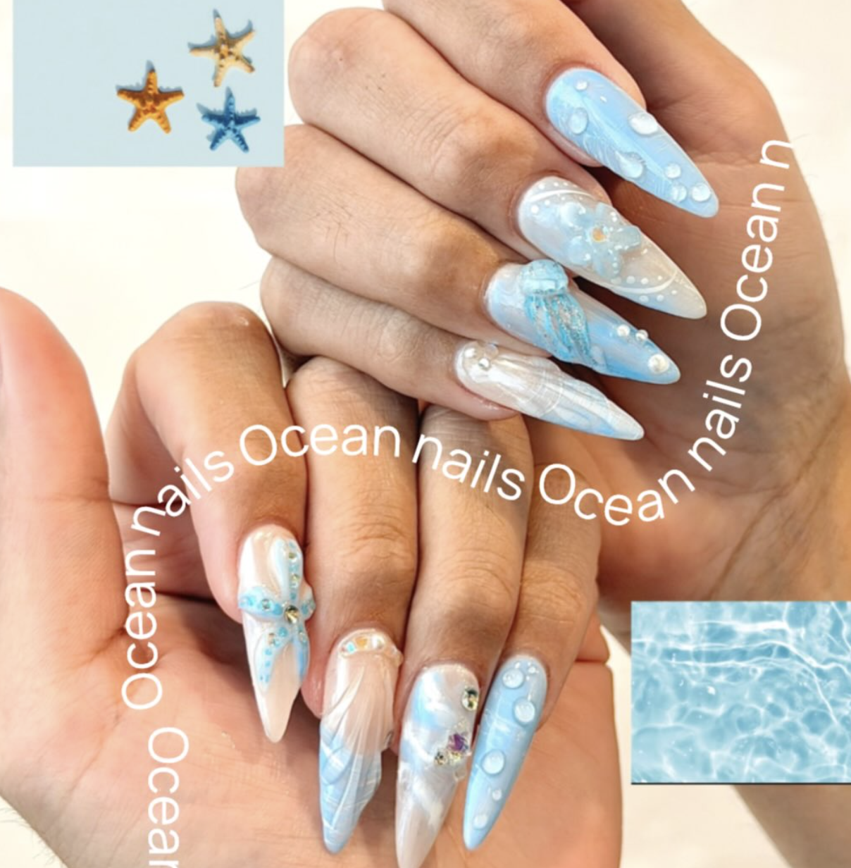Ocean-inspired nail art in pale blue and pearl tones with sculpted details.